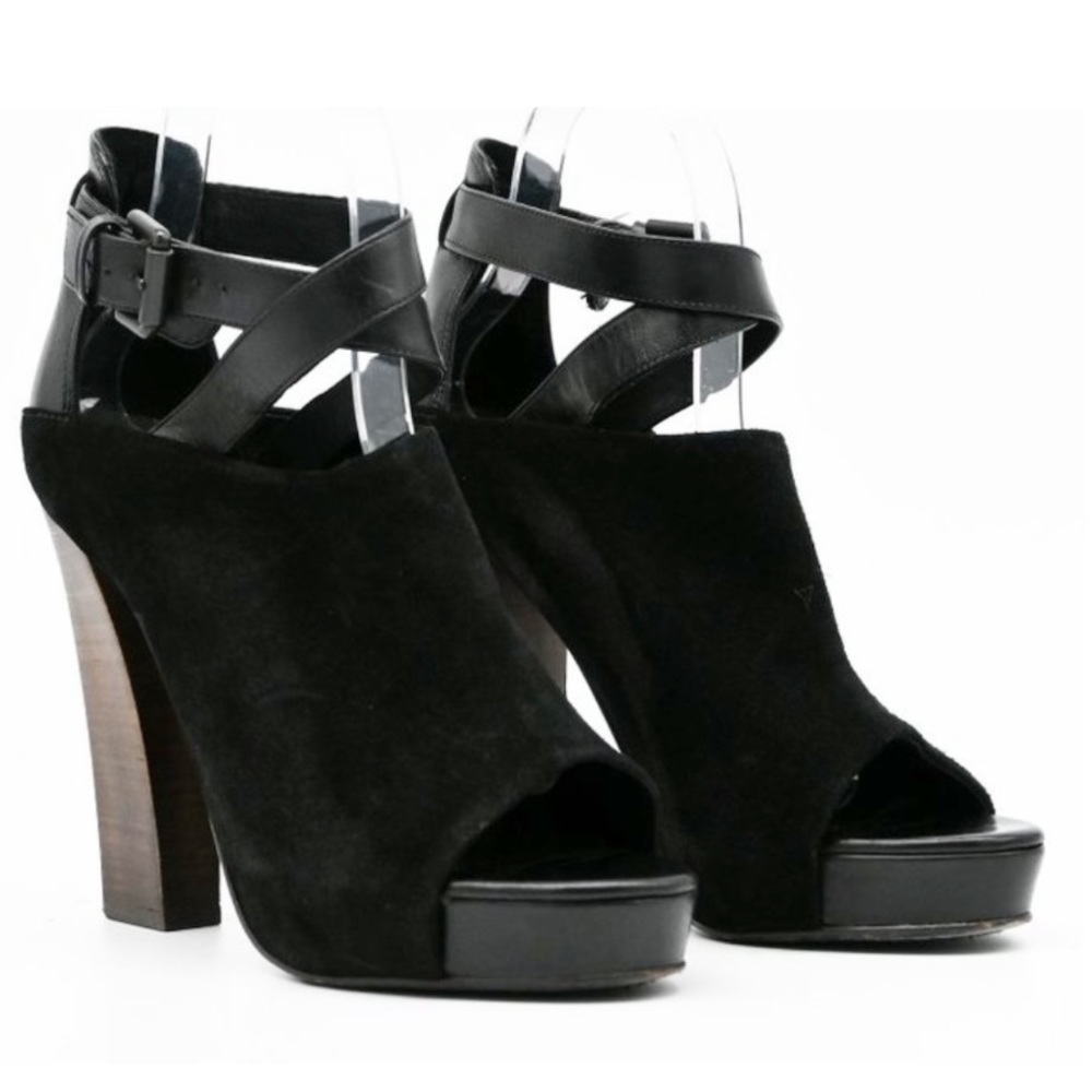 ALLSAINTS Black Suede Peep Toe Bootie Cross Strap Buckle Sandals Size 36